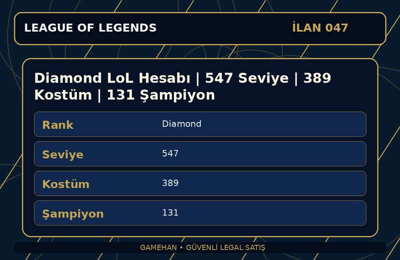 Diamond LoL Hesabı | 547 Seviye | 389 Kostüm | 131 Şampiyon