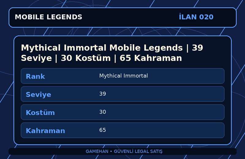Mythical Immortal Mobile Legends | 39 Seviye | 30 Kostüm | 65 Kahraman