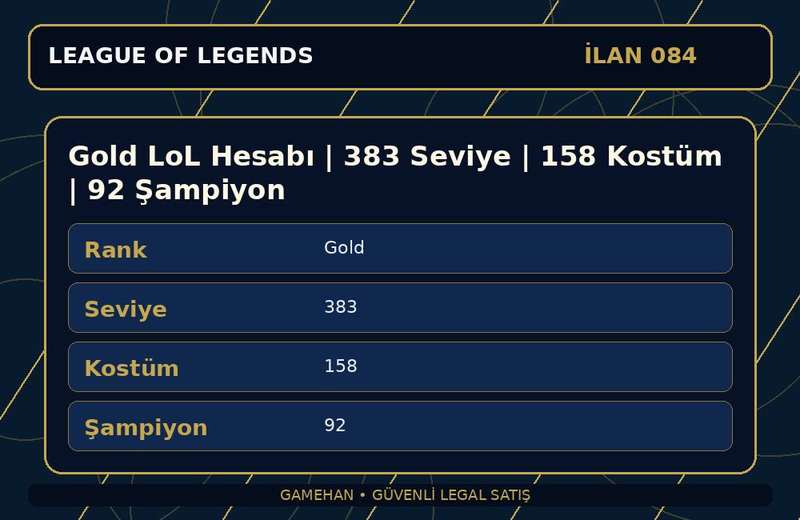 Gold LoL Hesabı | 383 Seviye | 158 Kostüm | 92 Şampiyon