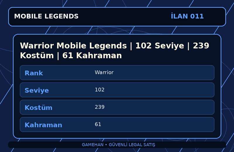 Warrior Mobile Legends | 102 Seviye | 239 Kostüm | 61 Kahraman