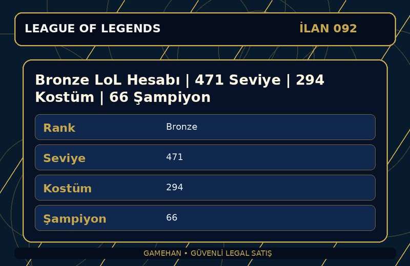 Bronze LoL Hesabı | 471 Seviye | 294 Kostüm | 66 Şampiyon