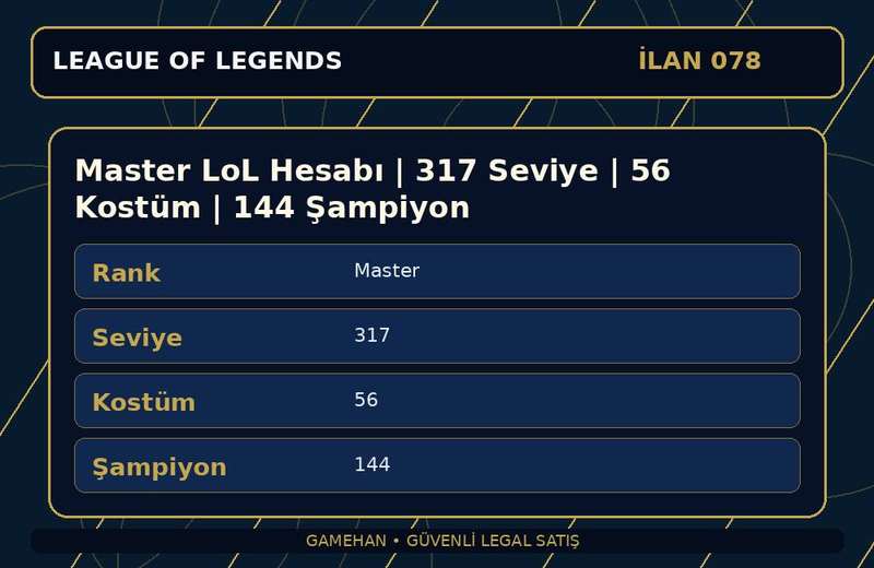 Master LoL Hesabı | 317 Seviye | 56 Kostüm | 144 Şampiyon
