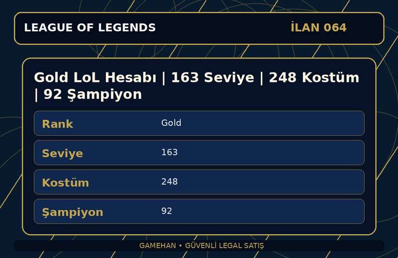 Gold LoL Hesabı | 163 Seviye | 248 Kostüm | 92 Şampiyon