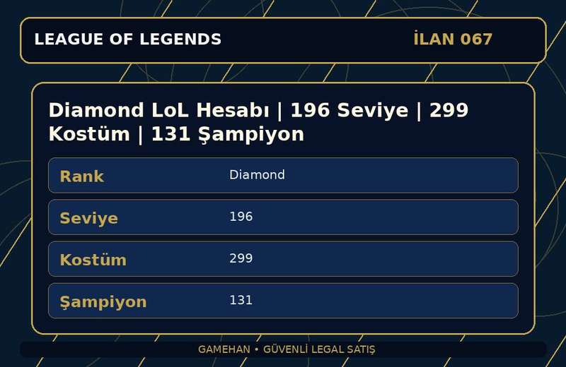 Diamond LoL Hesabı | 196 Seviye | 299 Kostüm | 131 Şampiyon