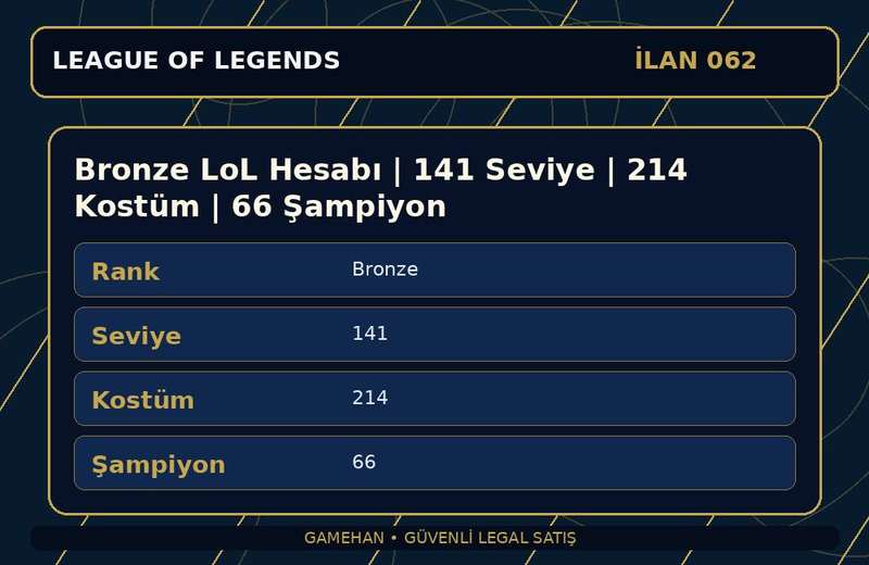 Bronze LoL Hesabı | 141 Seviye | 214 Kostüm | 66 Şampiyon
