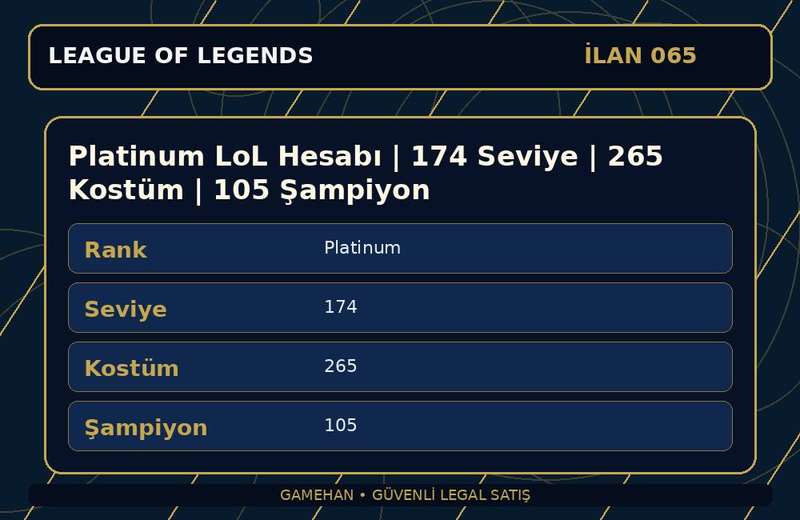 Platinum LoL Hesabı | 174 Seviye | 265 Kostüm | 105 Şampiyon
