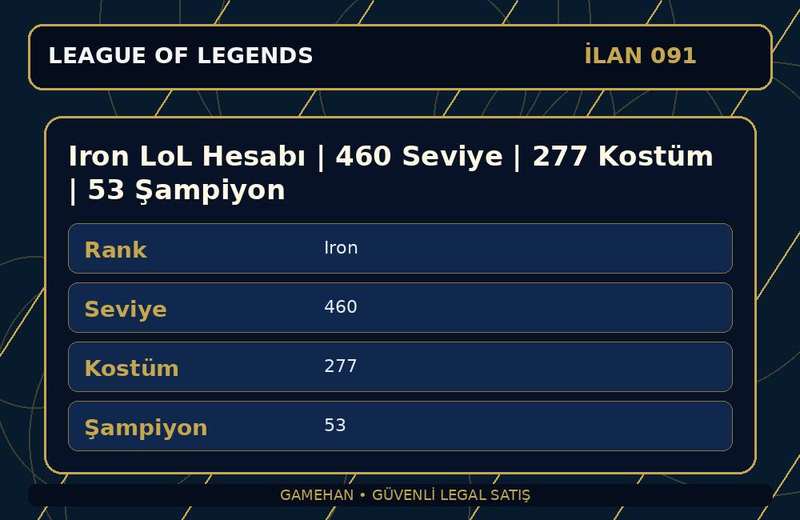 Iron LoL Hesabı | 460 Seviye | 277 Kostüm | 53 Şampiyon