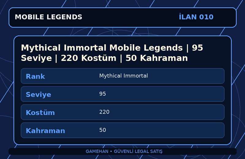Mythical Immortal Mobile Legends | 95 Seviye | 220 Kostüm | 50 Kahraman