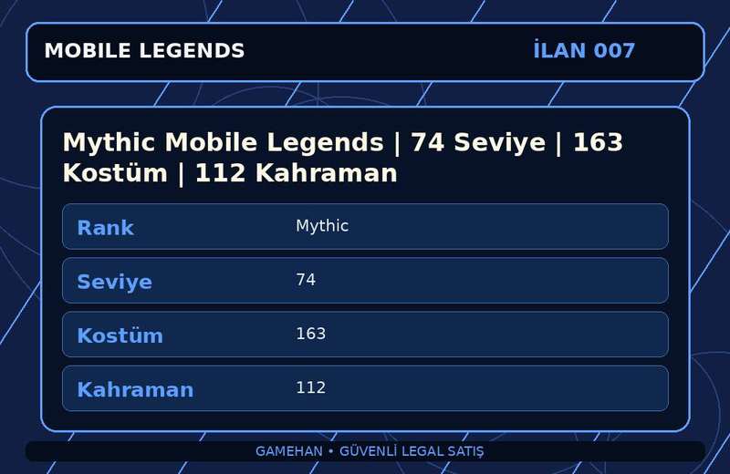Mythic Mobile Legends | 74 Seviye | 163 Kostüm | 112 Kahraman