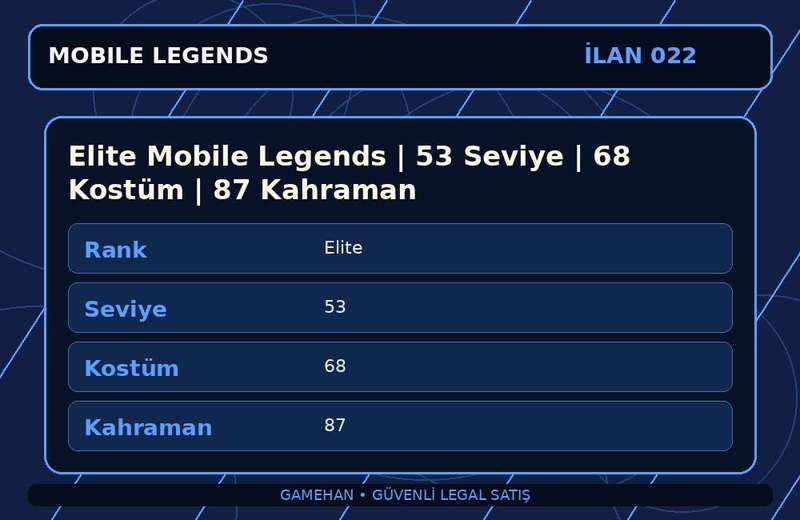 Elite Mobile Legends | 53 Seviye | 68 Kostüm | 87 Kahraman