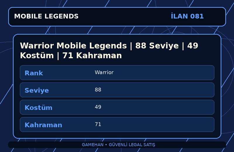 Warrior Mobile Legends | 88 Seviye | 49 Kostüm | 71 Kahraman