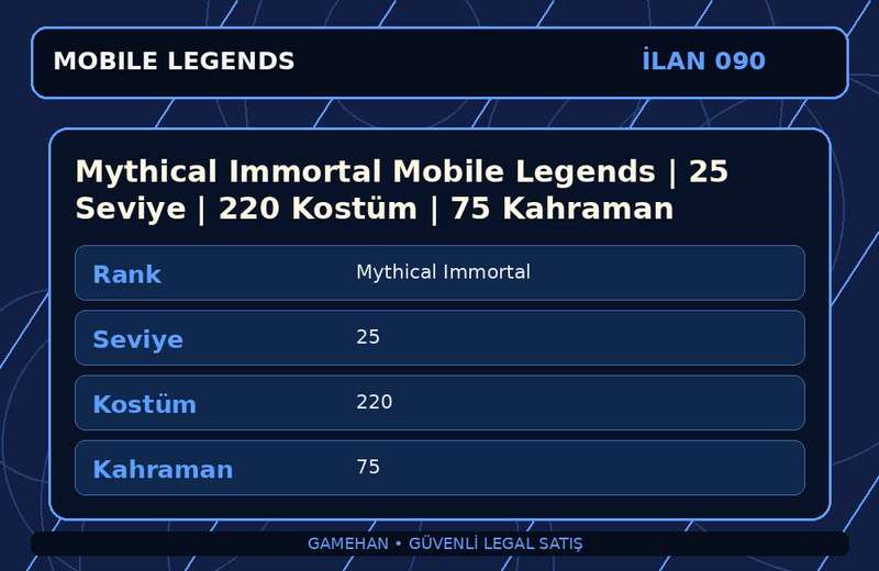 Mythical Immortal Mobile Legends | 25 Seviye | 220 Kostüm | 75 Kahraman