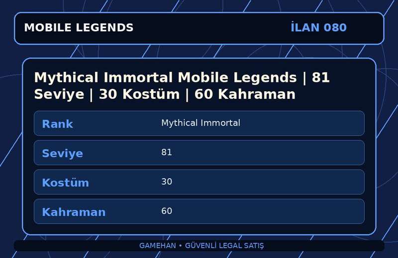 Mythical Immortal Mobile Legends | 81 Seviye | 30 Kostüm | 60 Kahraman