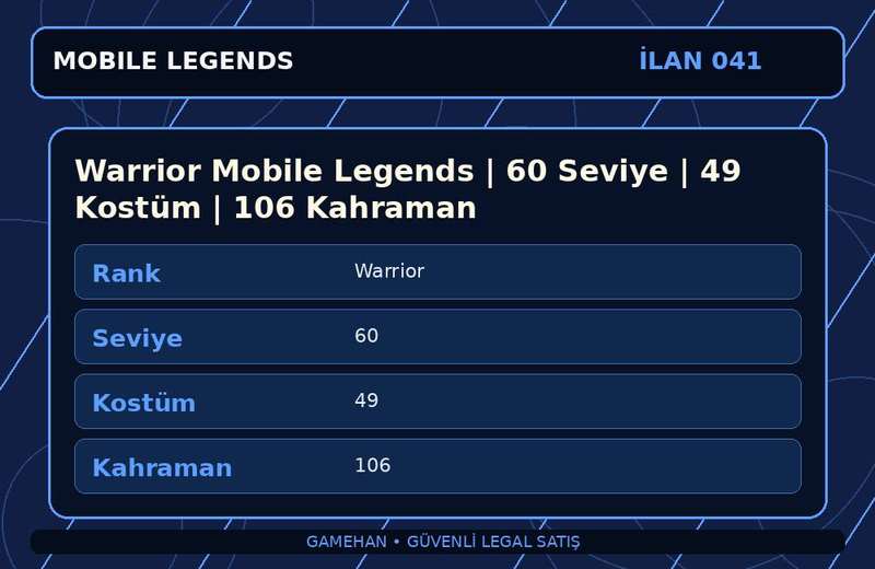 Warrior Mobile Legends | 60 Seviye | 49 Kostüm | 106 Kahraman