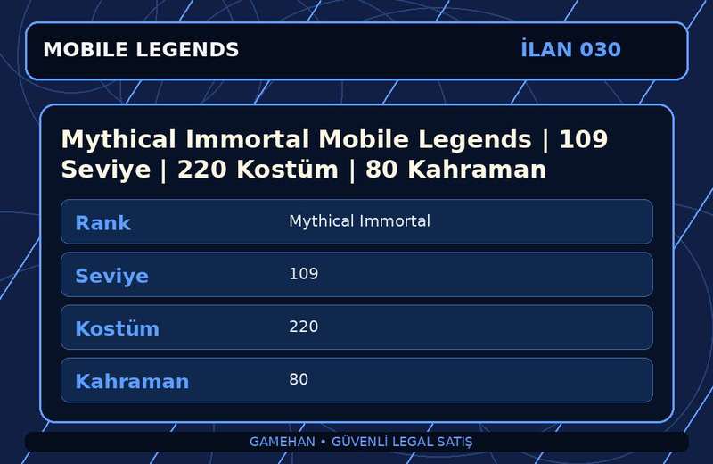 Mythical Immortal Mobile Legends | 109 Seviye | 220 Kostüm | 80 Kahraman