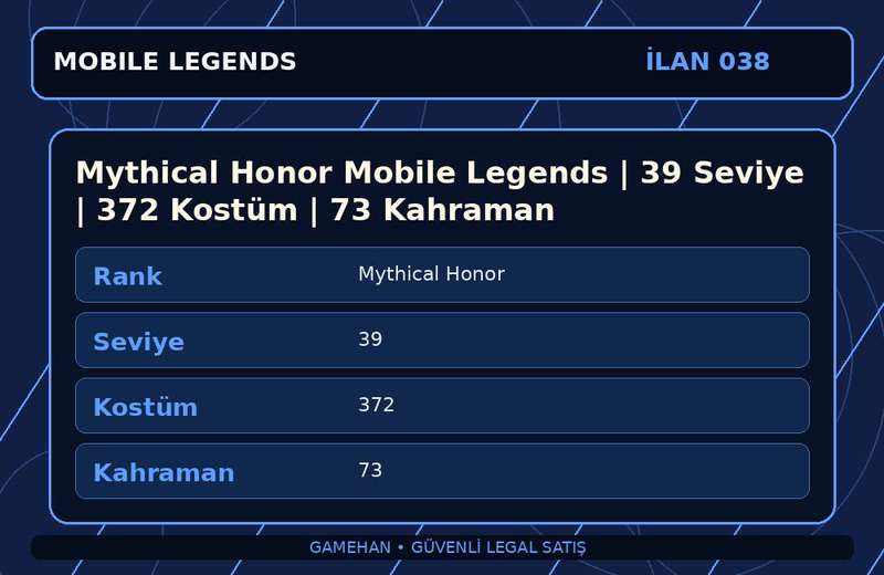 Mythical Honor Mobile Legends | 39 Seviye | 372 Kostüm | 73 Kahraman