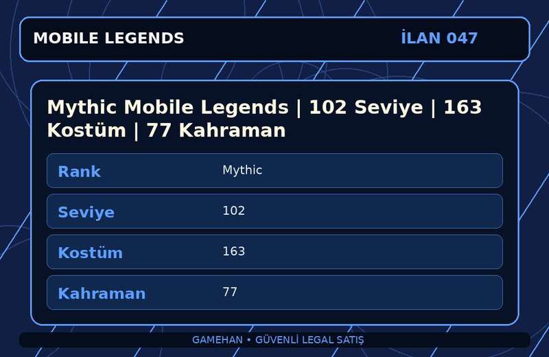 Mythic Mobile Legends | 102 Seviye | 163 Kostüm | 77 Kahraman