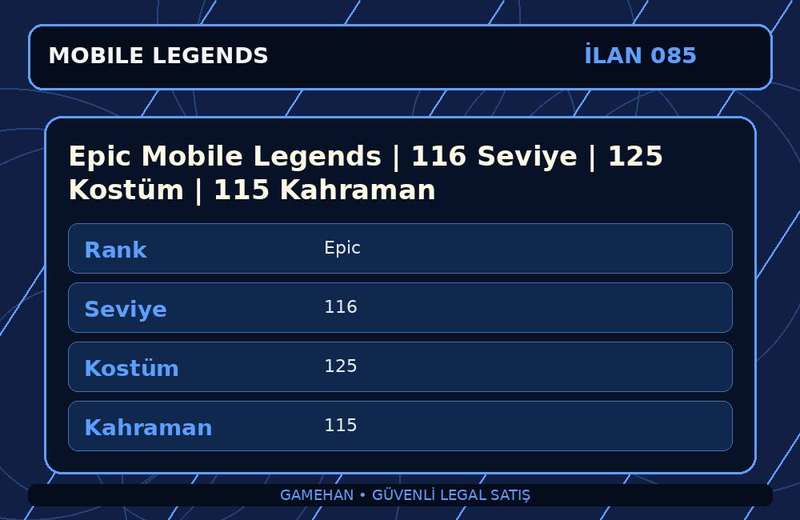 Epic Mobile Legends | 116 Seviye | 125 Kostüm | 115 Kahraman