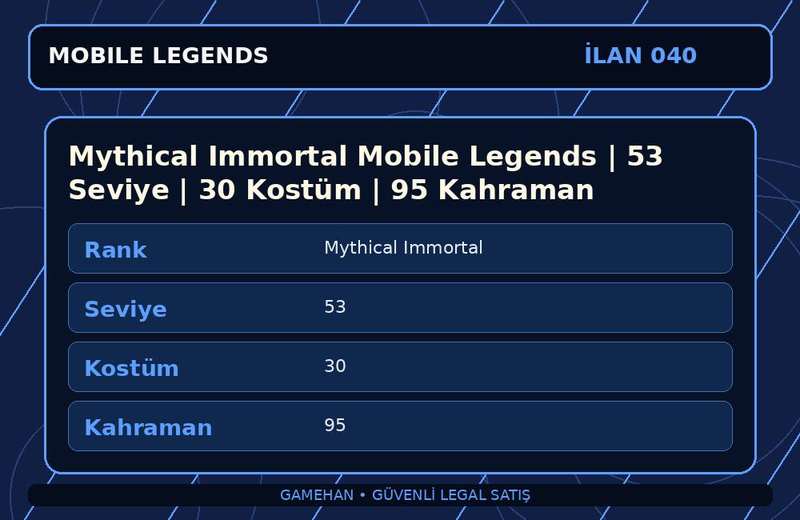 Mythical Immortal Mobile Legends | 53 Seviye | 30 Kostüm | 95 Kahraman