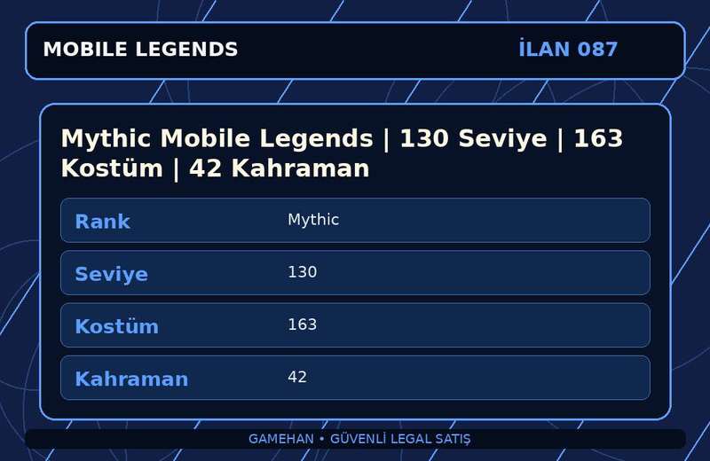 Mythic Mobile Legends | 130 Seviye | 163 Kostüm | 42 Kahraman