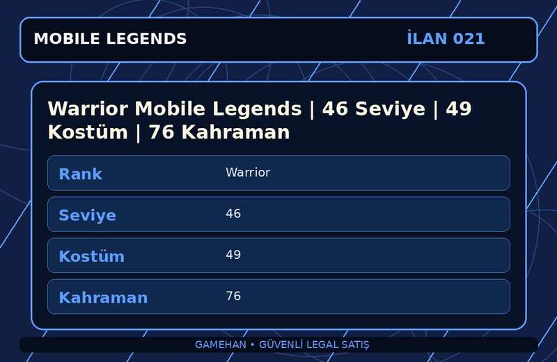 Warrior Mobile Legends | 46 Seviye | 49 Kostüm | 76 Kahraman