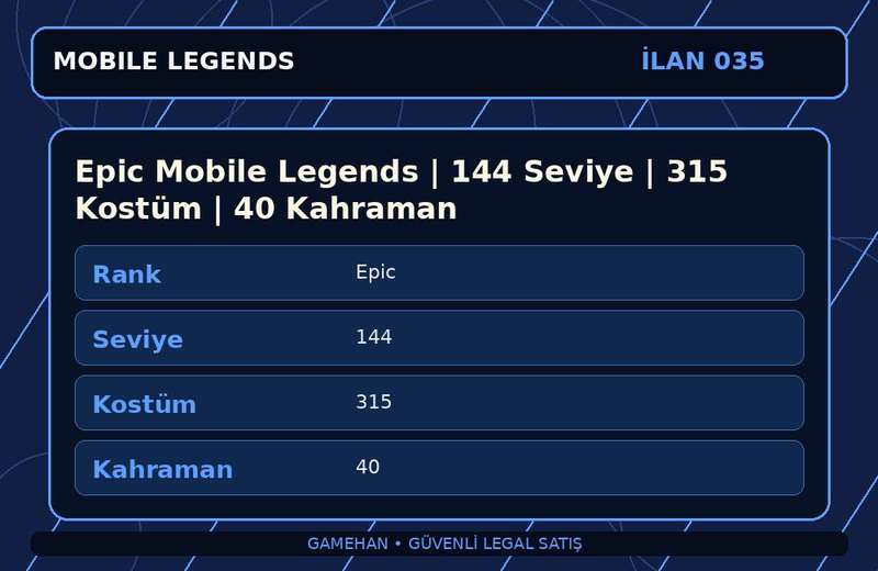 Epic Mobile Legends | 144 Seviye | 315 Kostüm | 40 Kahraman