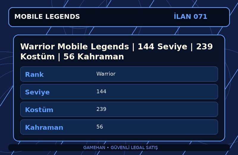 Warrior Mobile Legends | 144 Seviye | 239 Kostüm | 56 Kahraman