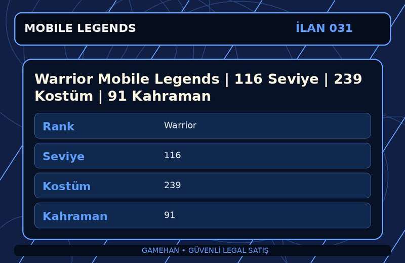 Warrior Mobile Legends | 116 Seviye | 239 Kostüm | 91 Kahraman