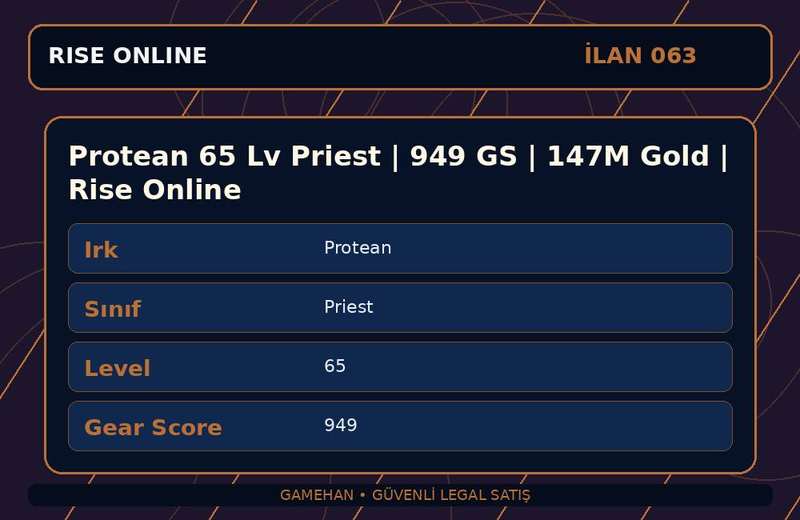 Protean 65 Lv Priest | 949 GS | 147M Gold | Rise Online