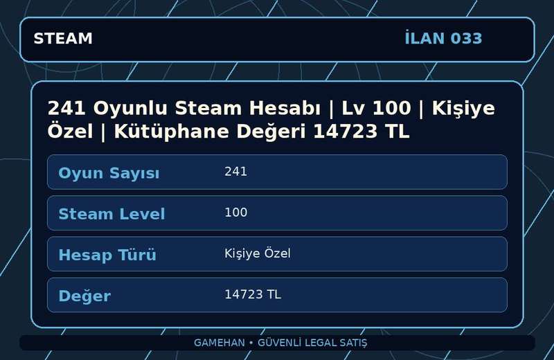 241 Oyunlu Steam Hesabı | Lv 100 | Kişiye Özel | Kütüphane Değeri 14723 TL