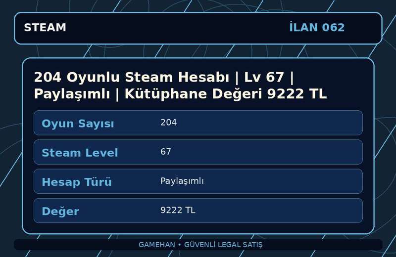 204 Oyunlu Steam Hesabı | Lv 67 | Paylaşımlı | Kütüphane Değeri 9222 TL