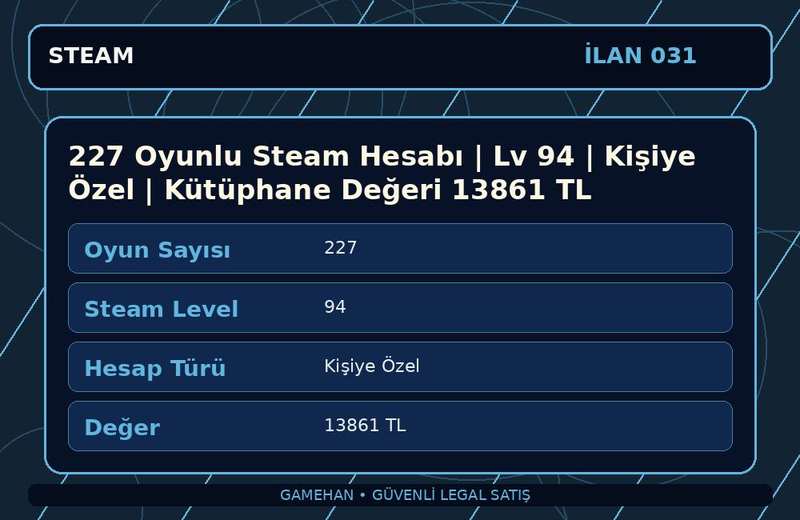 227 Oyunlu Steam Hesabı | Lv 94 | Kişiye Özel | Kütüphane Değeri 13861 TL