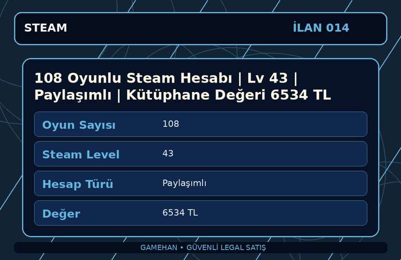 108 Oyunlu Steam Hesabı | Lv 43 | Paylaşımlı | Kütüphane Değeri 6534 TL