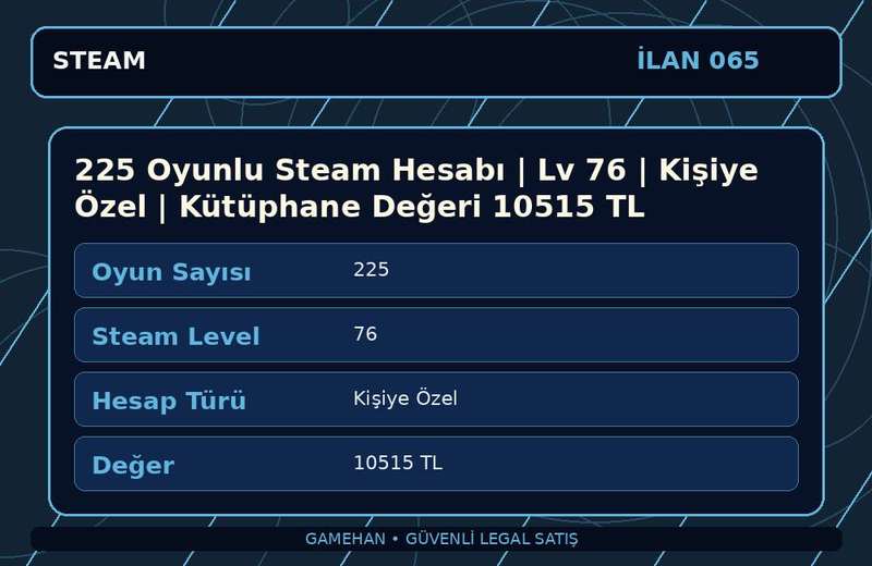 225 Oyunlu Steam Hesabı | Lv 76 | Kişiye Özel | Kütüphane Değeri 10515 TL