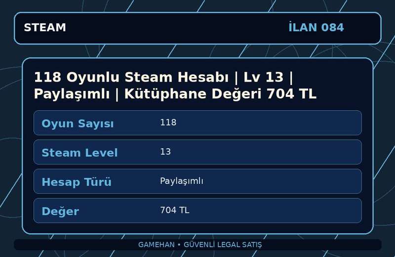 118 Oyunlu Steam Hesabı | Lv 13 | Paylaşımlı | Kütüphane Değeri 704 TL