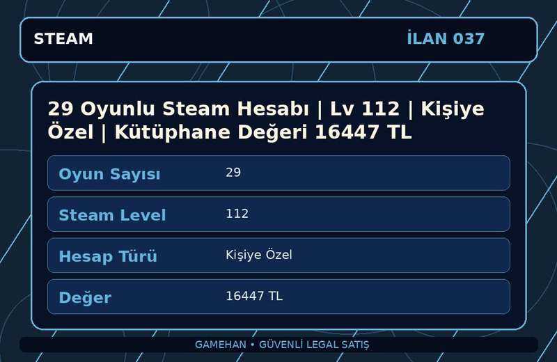 29 Oyunlu Steam Hesabı | Lv 112 | Kişiye Özel | Kütüphane Değeri 16447 TL