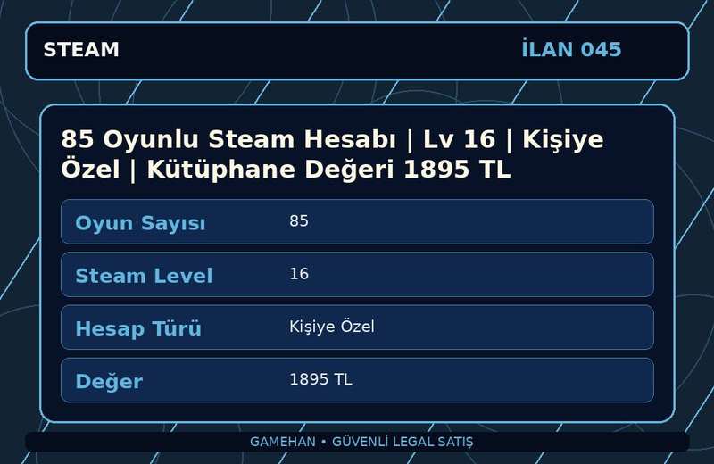 85 Oyunlu Steam Hesabı | Lv 16 | Kişiye Özel | Kütüphane Değeri 1895 TL