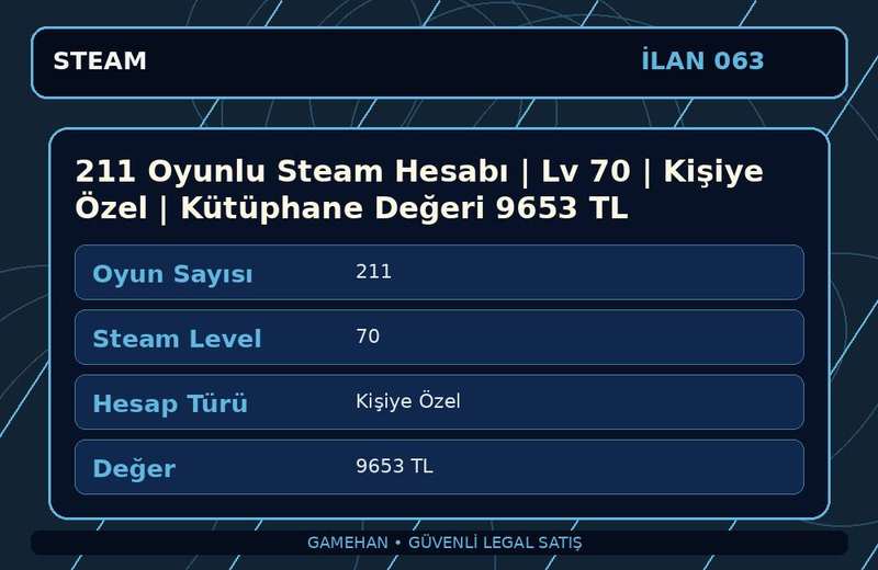 211 Oyunlu Steam Hesabı | Lv 70 | Kişiye Özel | Kütüphane Değeri 9653 TL