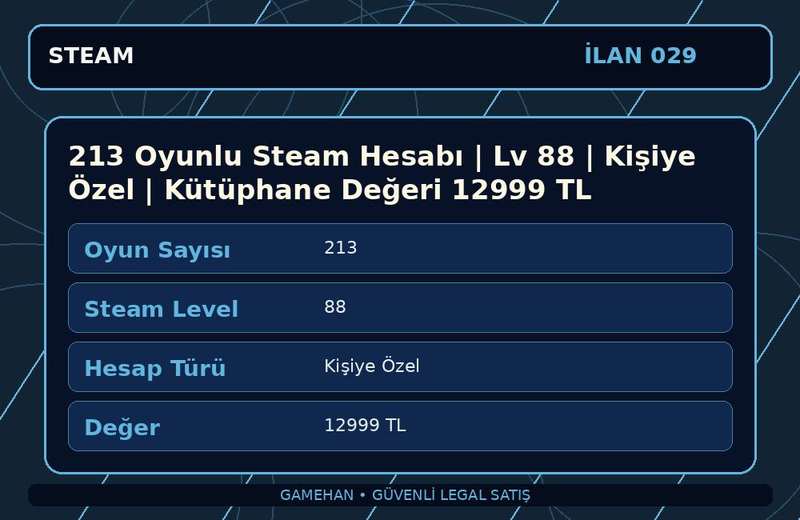 213 Oyunlu Steam Hesabı | Lv 88 | Kişiye Özel | Kütüphane Değeri 12999 TL