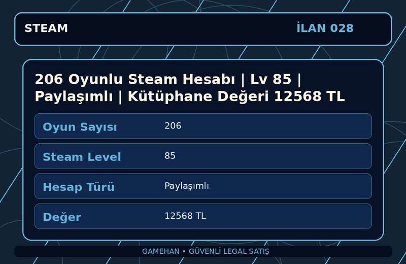 206 Oyunlu Steam Hesabı | Lv 85 | Paylaşımlı | Kütüphane Değeri 12568 TL
