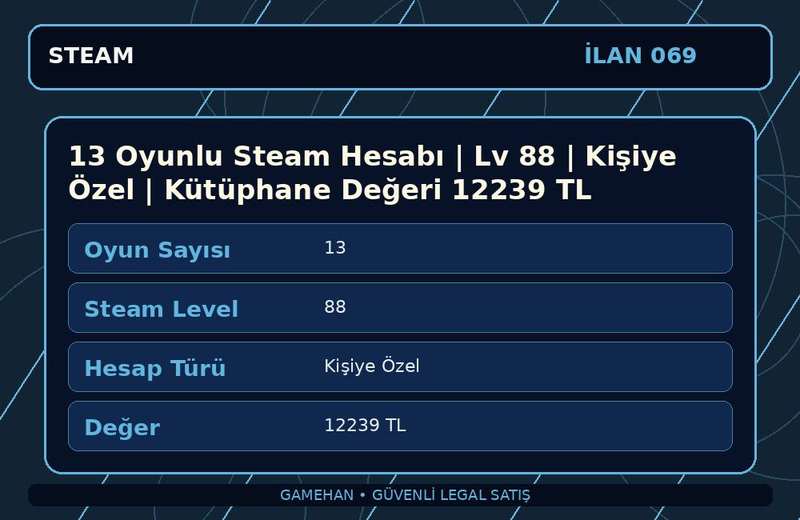 13 Oyunlu Steam Hesabı | Lv 88 | Kişiye Özel | Kütüphane Değeri 12239 TL