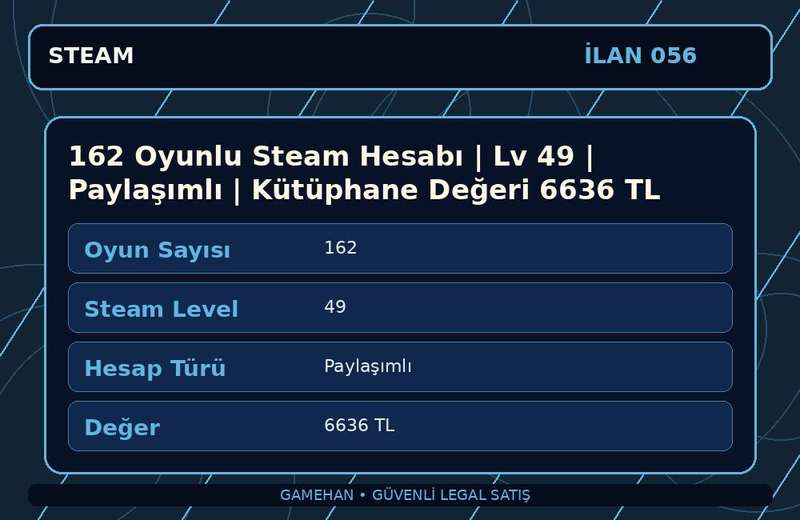 162 Oyunlu Steam Hesabı | Lv 49 | Paylaşımlı | Kütüphane Değeri 6636 TL