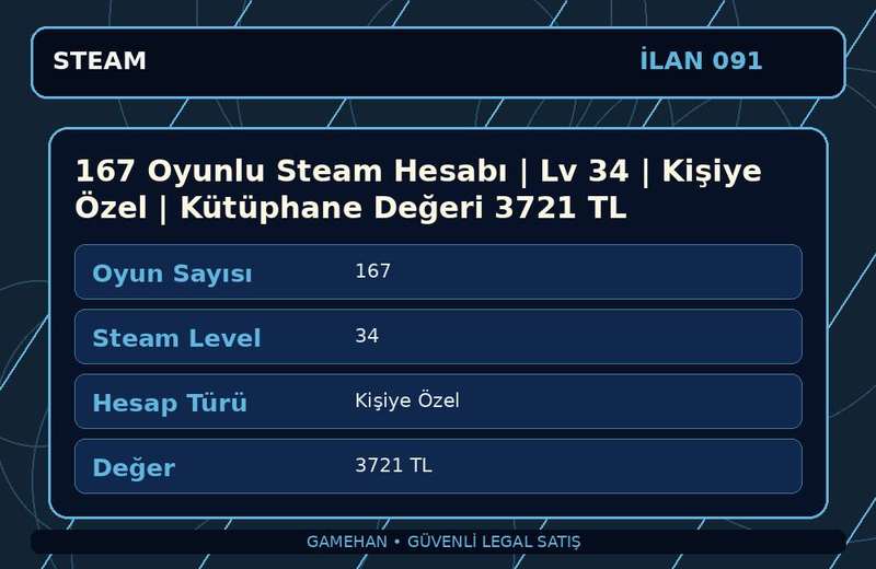 167 Oyunlu Steam Hesabı | Lv 34 | Kişiye Özel | Kütüphane Değeri 3721 TL