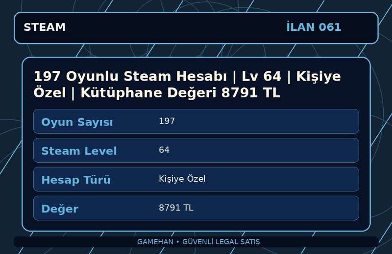 197 Oyunlu Steam Hesabı | Lv 64 | Kişiye Özel | Kütüphane Değeri 8791 TL