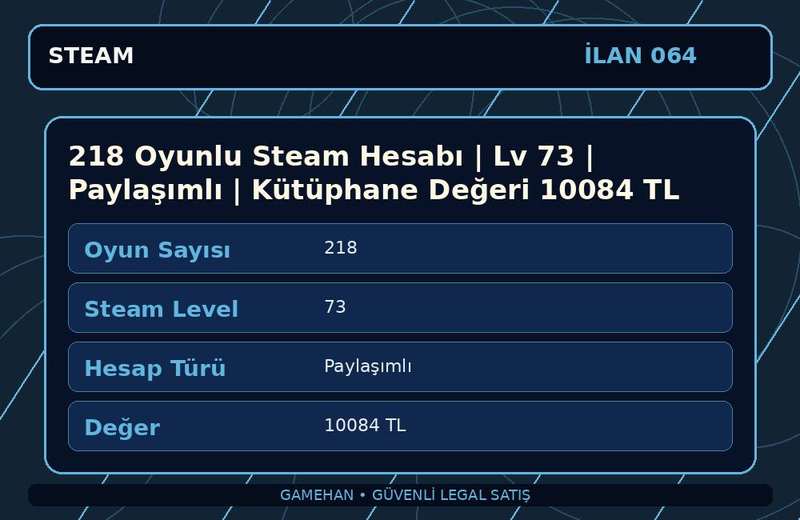 218 Oyunlu Steam Hesabı | Lv 73 | Paylaşımlı | Kütüphane Değeri 10084 TL