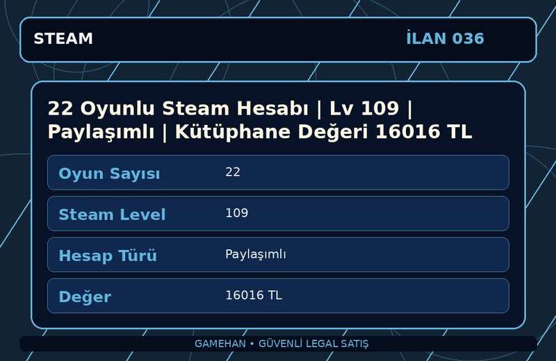 22 Oyunlu Steam Hesabı | Lv 109 | Paylaşımlı | Kütüphane Değeri 16016 TL