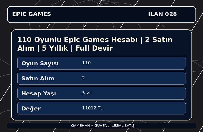 110 Oyunlu Epic Games Hesabı | 2 Satın Alım | 5 Yıllık | Full Devir