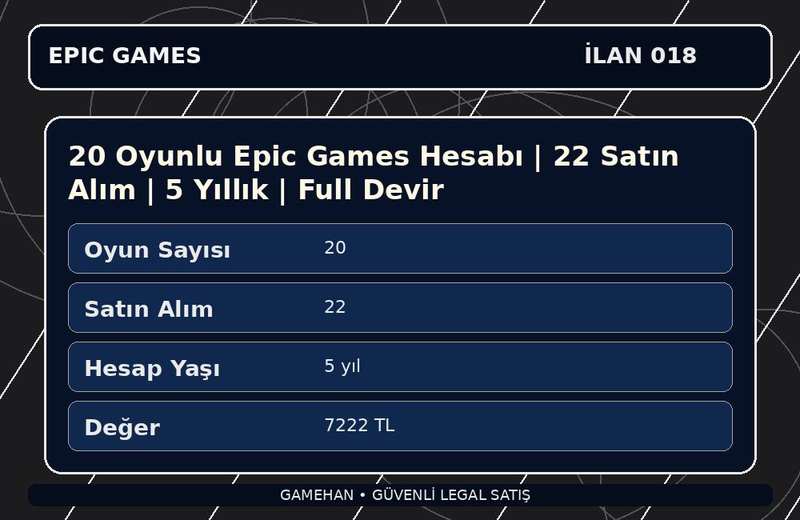 20 Oyunlu Epic Games Hesabı | 22 Satın Alım | 5 Yıllık | Full Devir