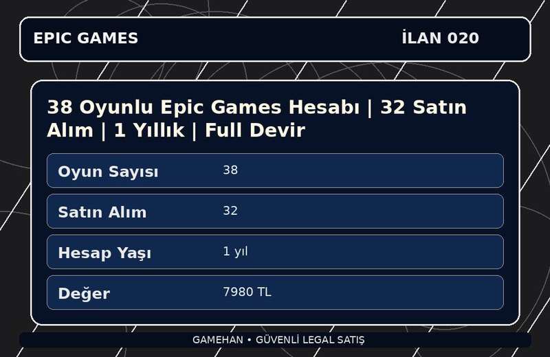 38 Oyunlu Epic Games Hesabı | 32 Satın Alım | 1 Yıllık | Full Devir