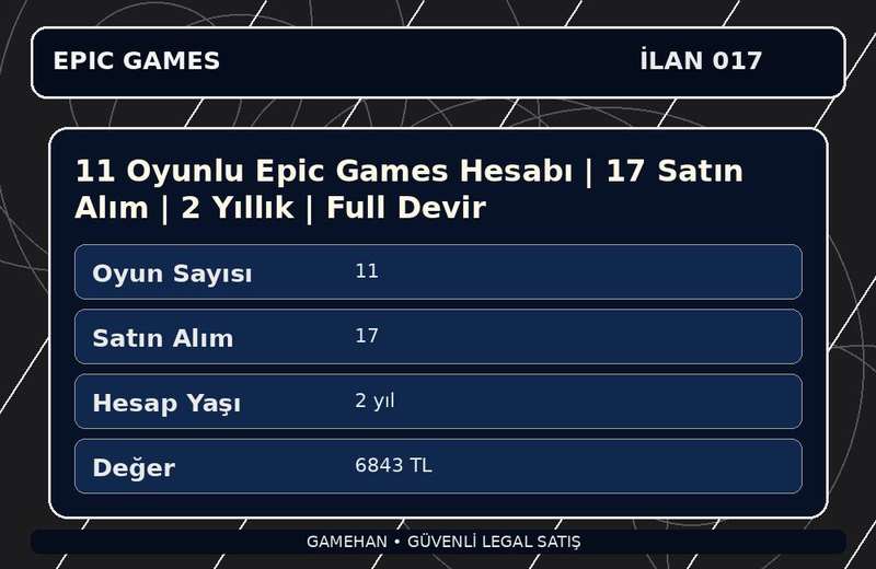 11 Oyunlu Epic Games Hesabı | 17 Satın Alım | 2 Yıllık | Full Devir
